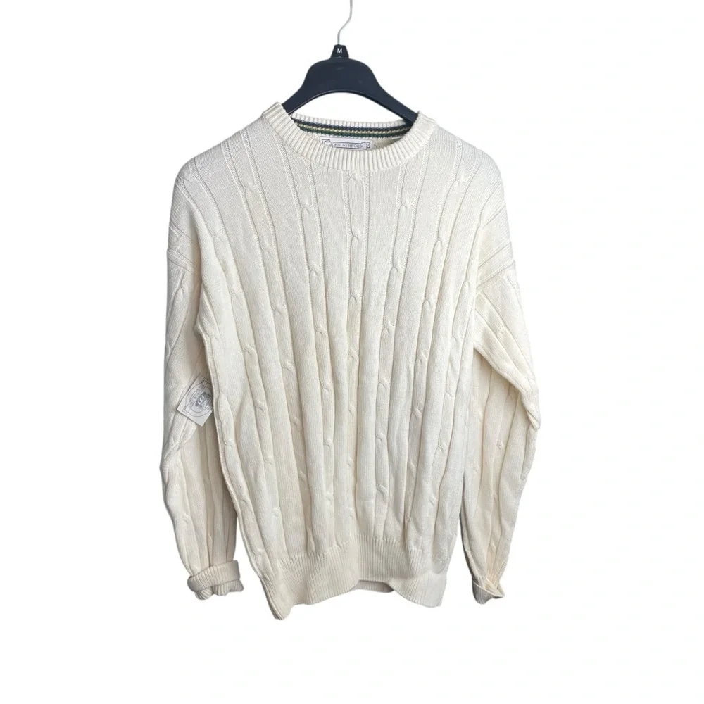 John Ashford VTG 90s Sweater Mens M Cable Knit Cotton NWT White